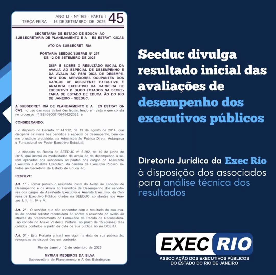 Seeduc divulga resultado inicial das avaliações de desempenho dos executivos públicos